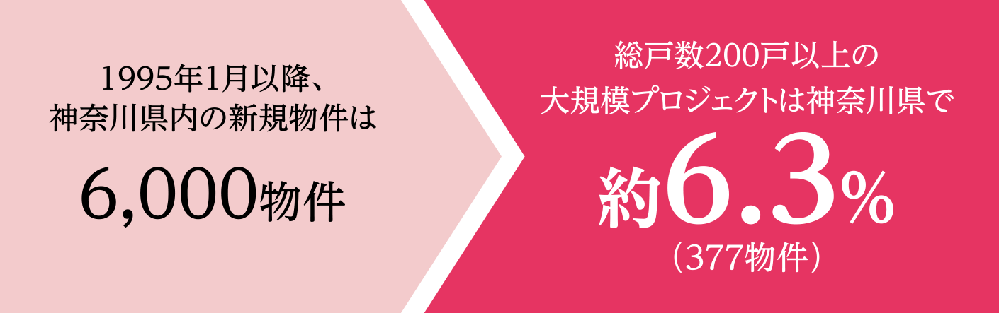 1995年1月以降、神奈川県内の新規物件は6,000物件。総戸数200戸以上の大規模プロジェクトは神奈川県で約6.3%（377物件）