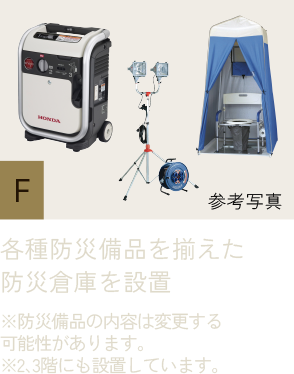 F：各種防災備品を揃えた防災倉庫を設置※防災備品の内容は変更する可能性があります。※2、3階にも設置しています。