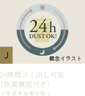 J：24時間ゴミ出し可能（脱臭機能付き）※年末年始等は除く